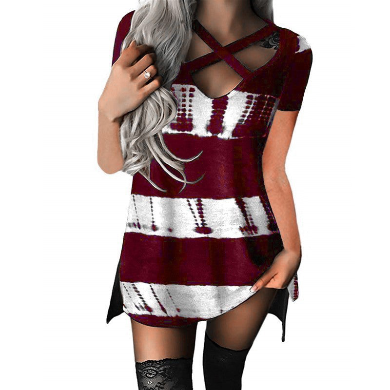 Fashion Sexy Cross V-Neck Print Short Sleeve Slim Women's Mini Dress Summer New Arrival Hollow Casual Street Hipster Mini Dress