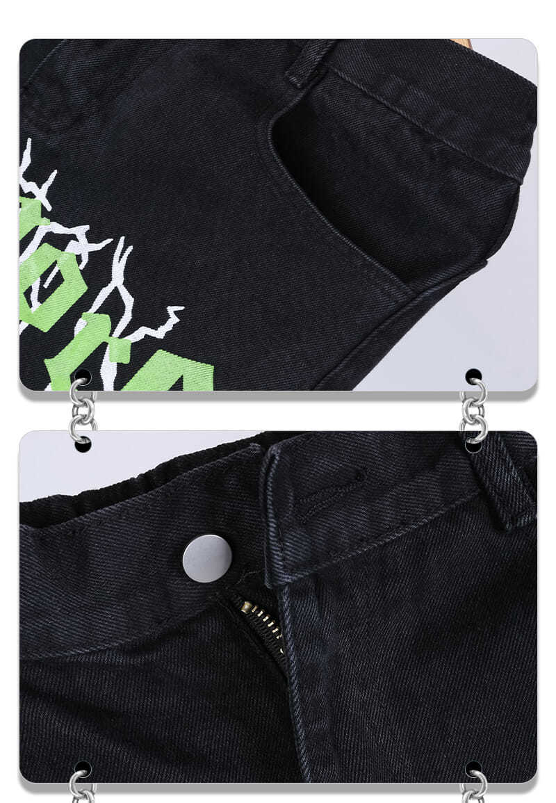 Dark American Street Lightning Print Black Jeans Straight Casual Loose Mop