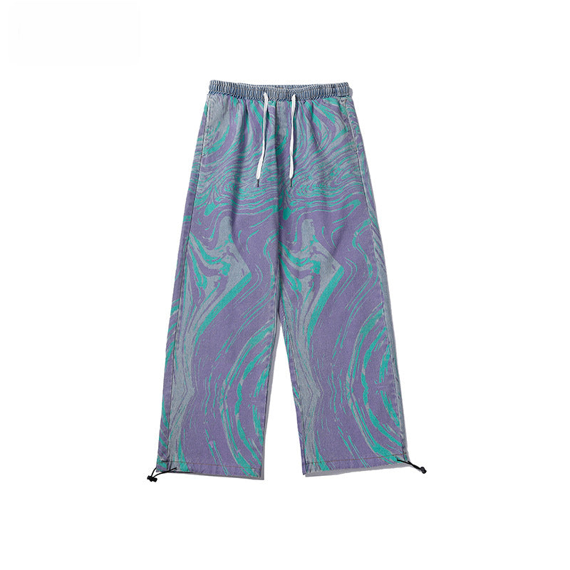 Washed Tie-dye Jeans Men's American Trendy Brand Loose Straight Trousers Casual Drawstring Trousers