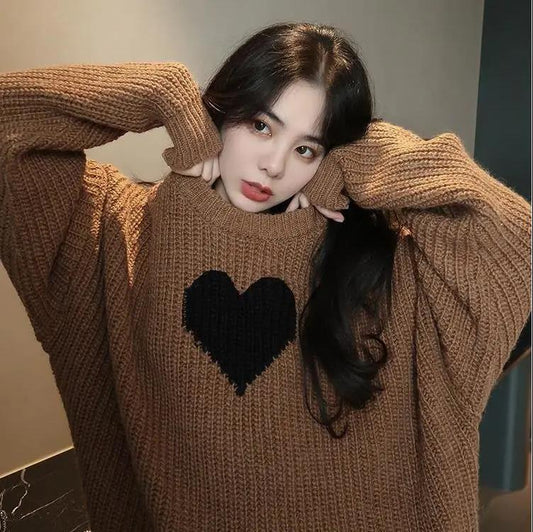 Casual Outer Wear Love Loose Sweater Women Round Neck Pullover Knit Top